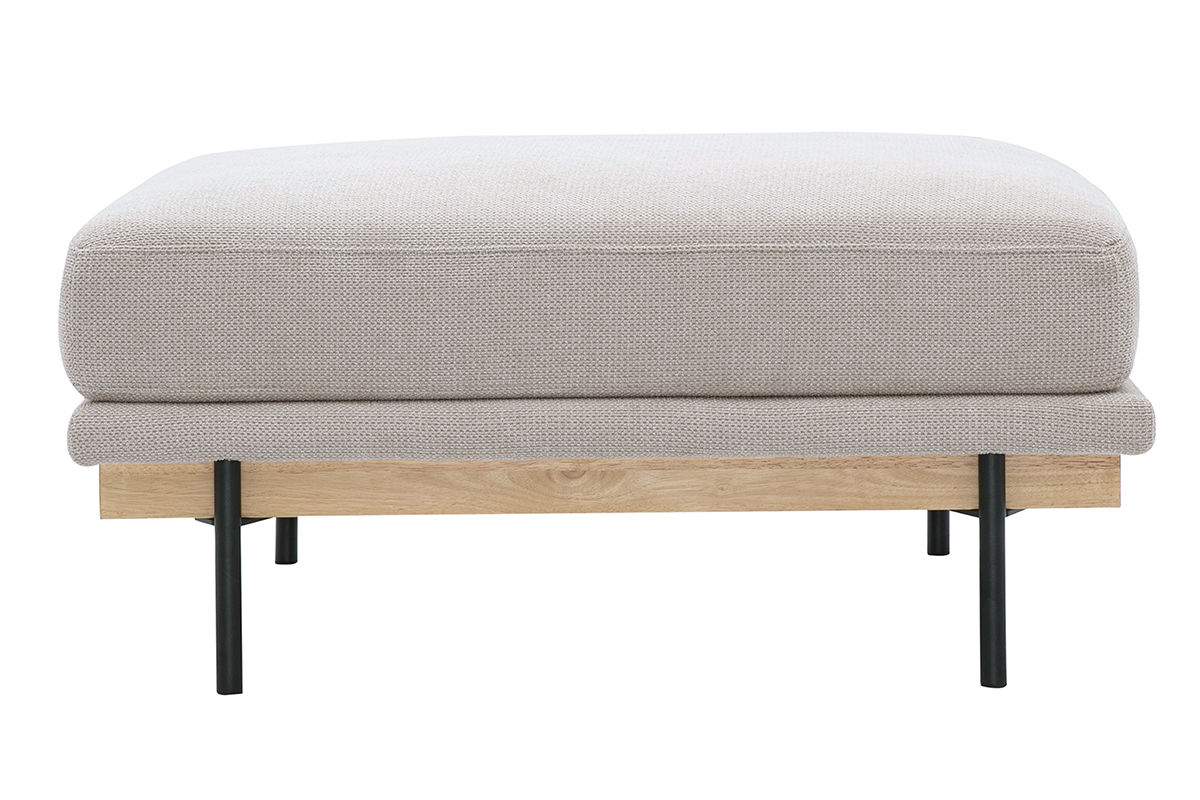 Pouf repose-pieds en tissu chenille beige, vue de face, pieds en m�tal noir et bois.