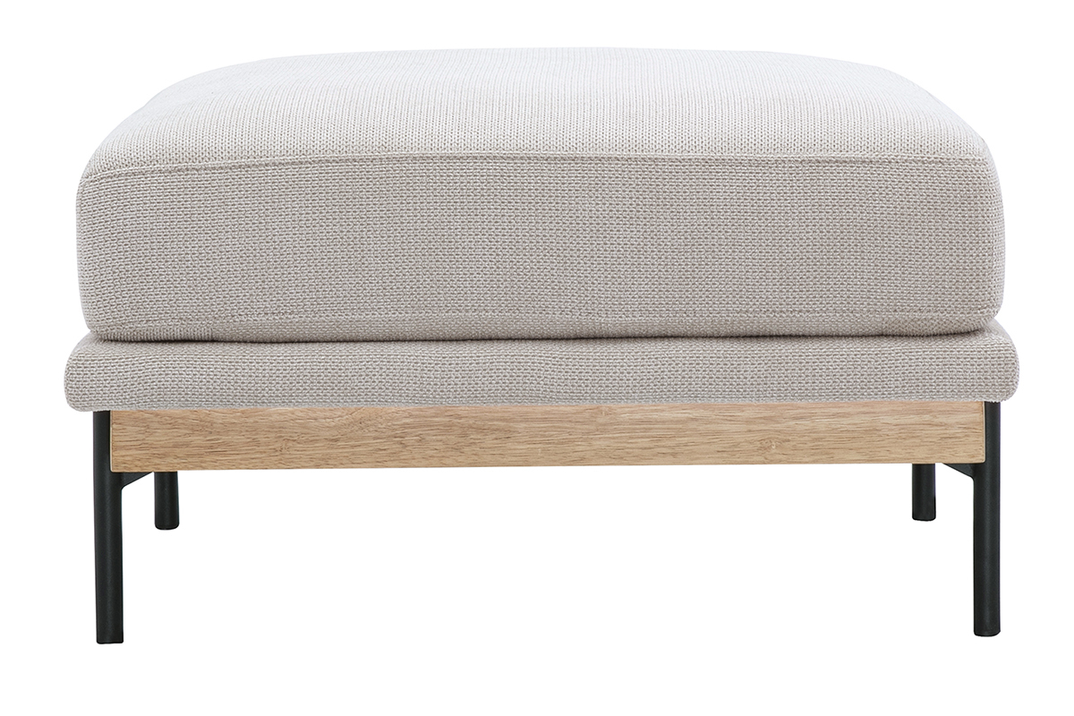 Pouf repose-pieds en tissu chenille beige et m�tal noir, vue de profil.