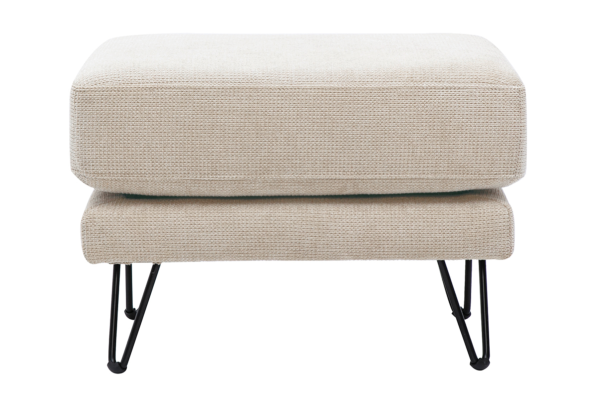 Pouf OSLO en tissu chenille beige avec pieds en m�tal noir, vue de face.