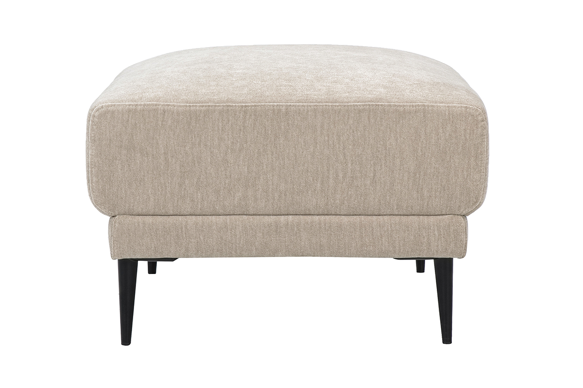 Pouf repose pieds en tissu velours taupe, vue de profil avec pieds en m�tal noir.