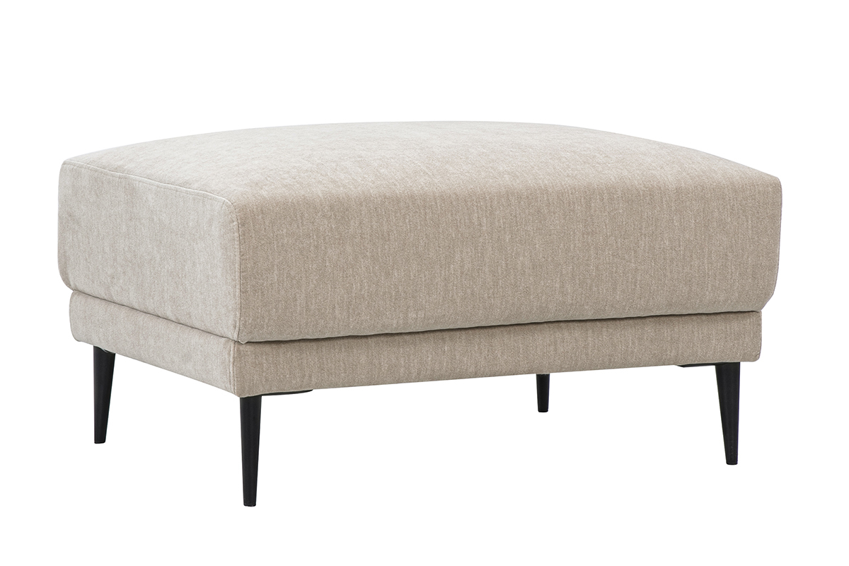 Pouf repose pieds JERRY en tissu effet velours taupe, pieds en m�tal noir, vue de 3/4.