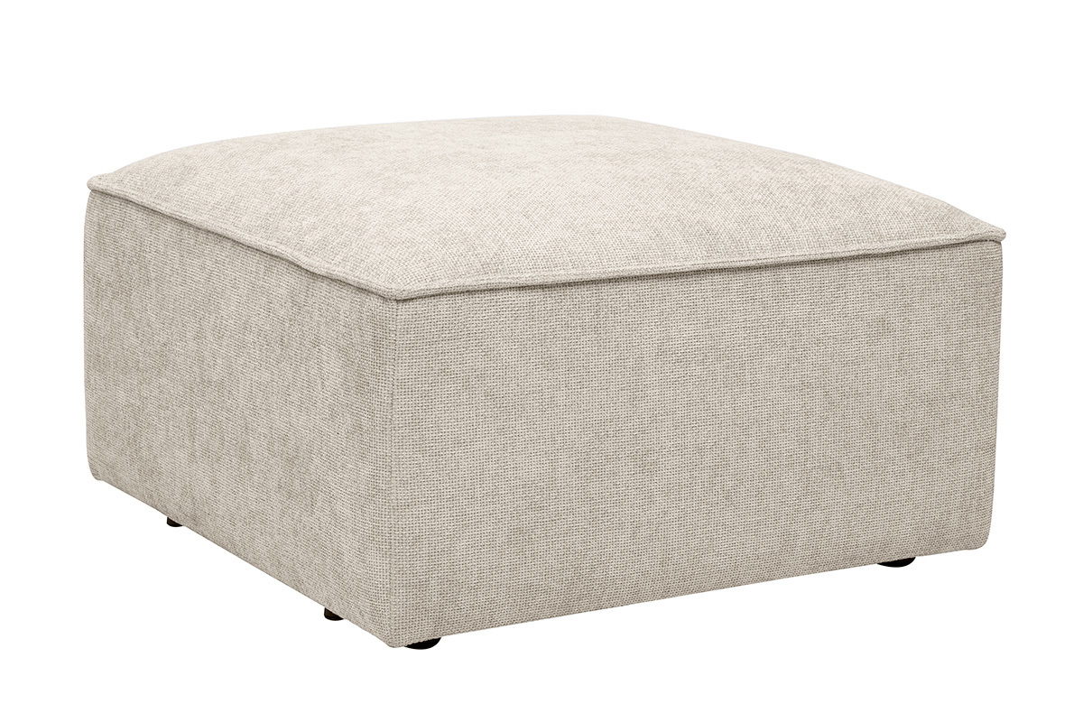 Pouf carr� beige en tissu effet velours textur�, vue de 3/4