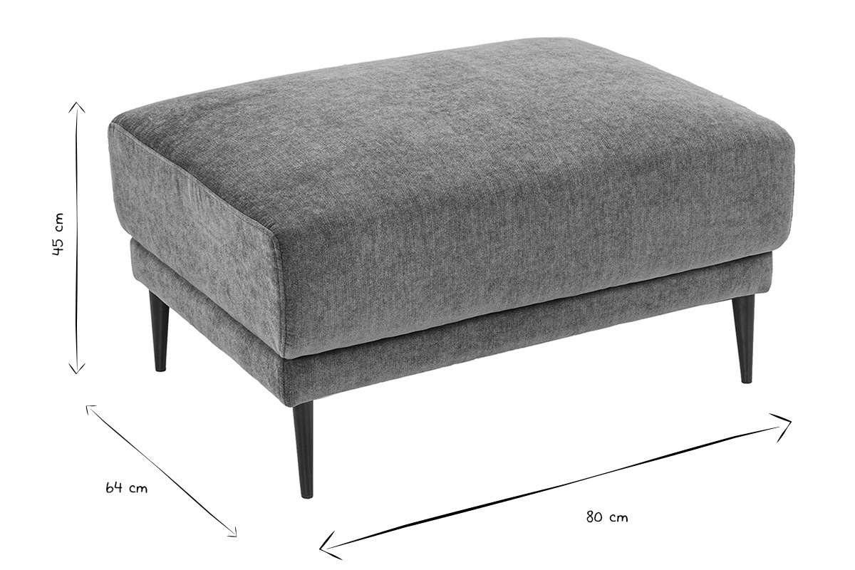 Dimensions du pouf repose pieds JERRY : L80 x P64 x H45 cm, en noir et blanc.