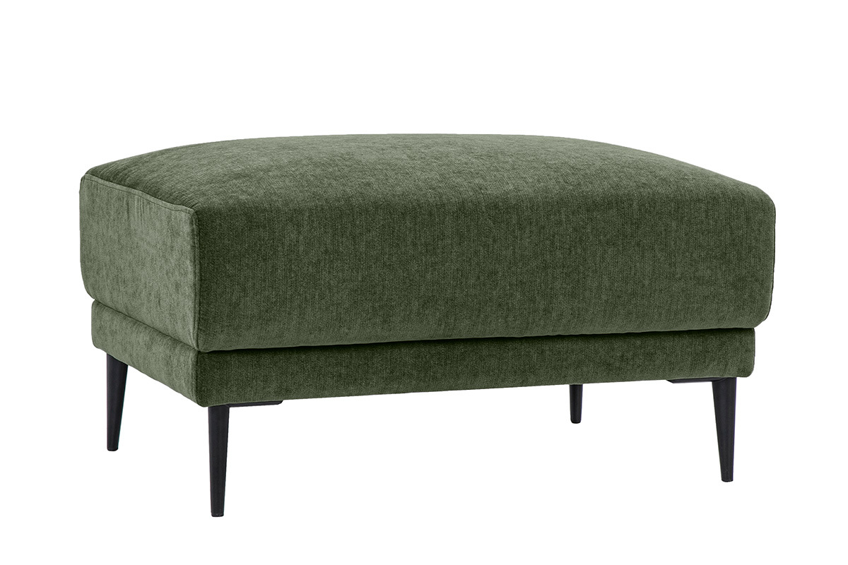 Pouf repose pieds en tissu effet velours vert kaki avec pieds en m�tal noir, vue de trois quarts.