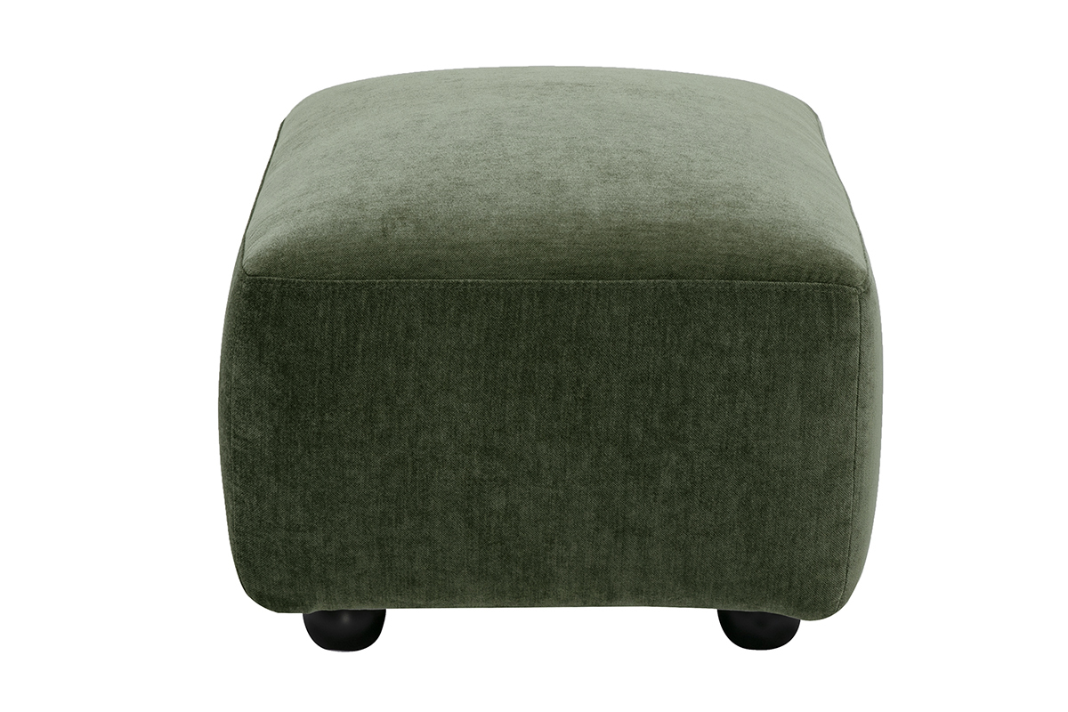Pouf repose-pieds rectangulaire en tissu effet velours vert kaki, vue de profil.