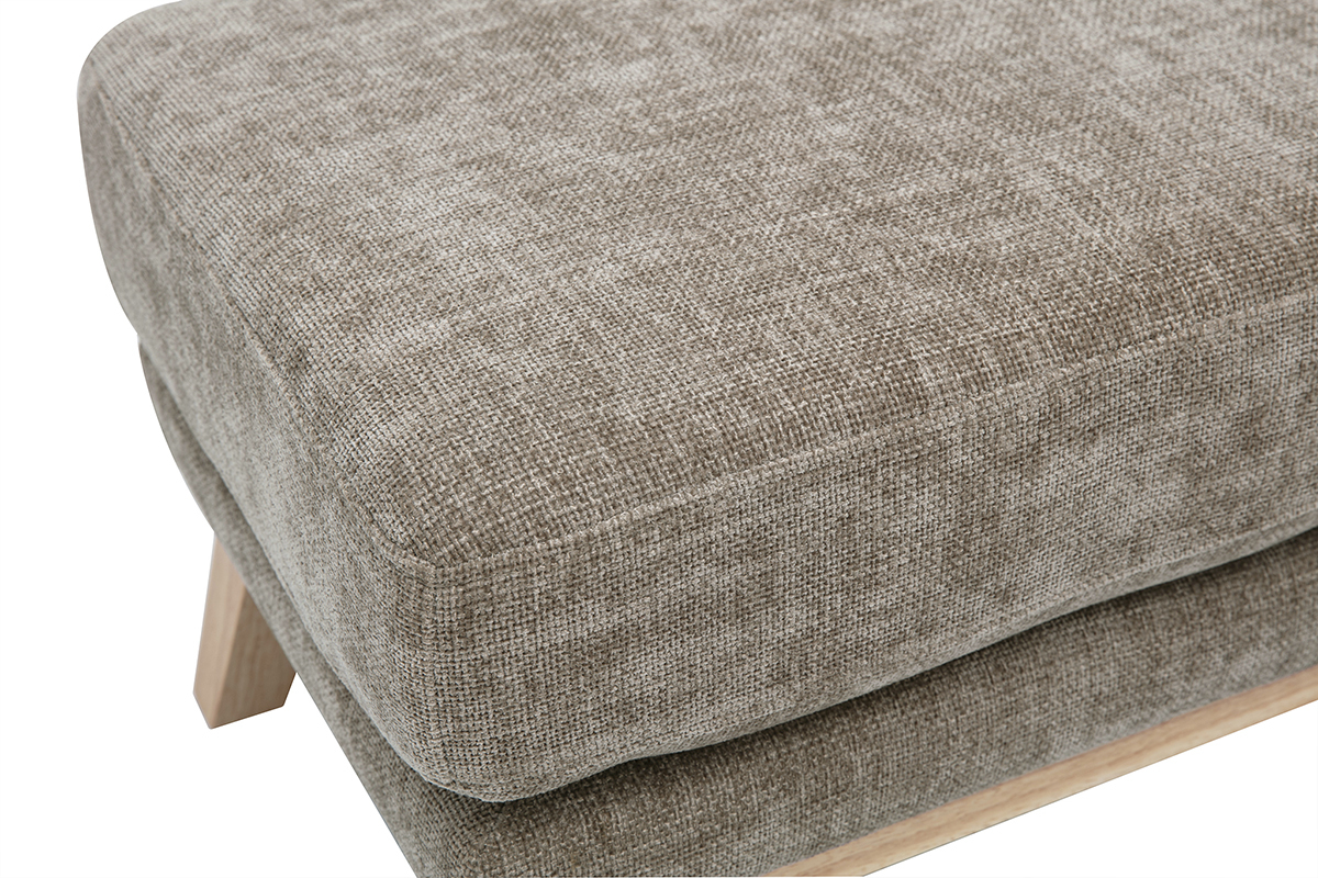 Pouf repose-pieds scandinave taupe en tissu effet velours avec pi�tement en bois clair, vue de dessus