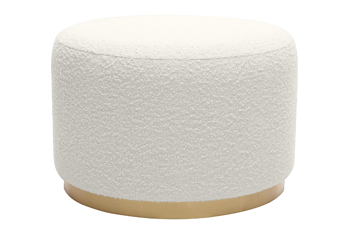 Pouf rond en tissu effet laine boucl�e blanc cass� et m�tal dor� D54 cm AMAYA