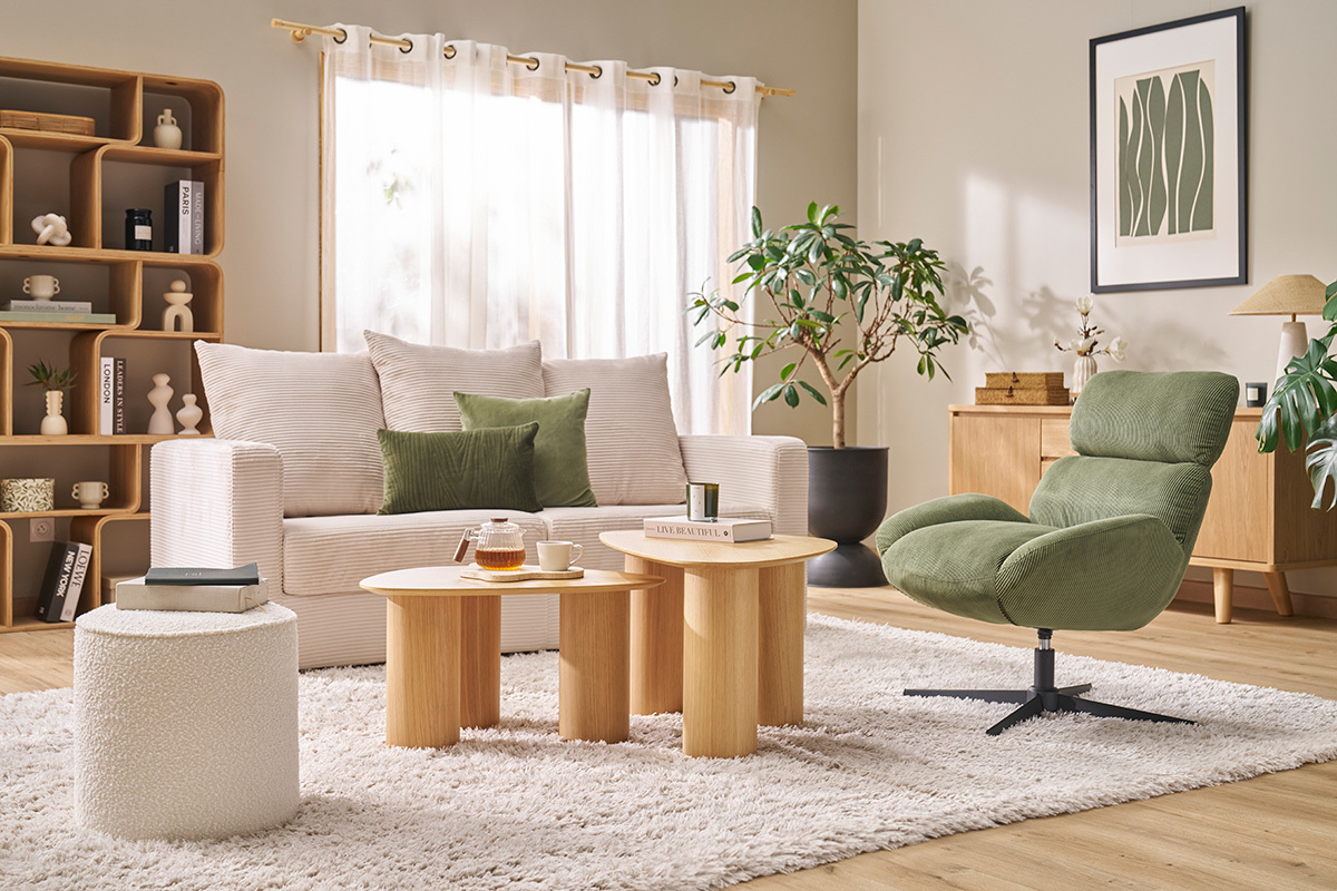 Pouf rond en tissu effet laine boucl�e blanc D40 cm PAUL