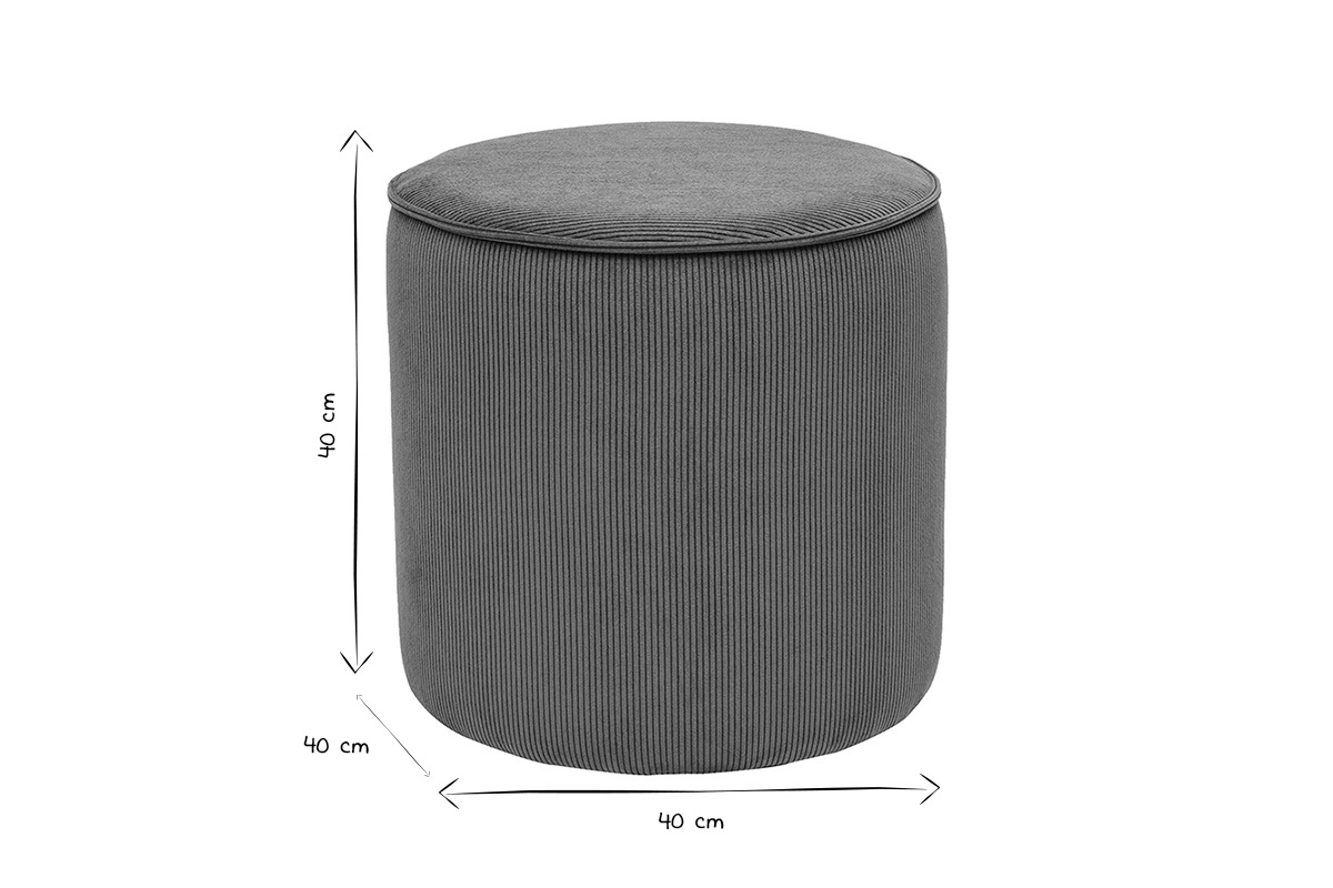 Dimensions du pouf rond en tissu velours c�tel�, D40 cm, en noir et blanc.