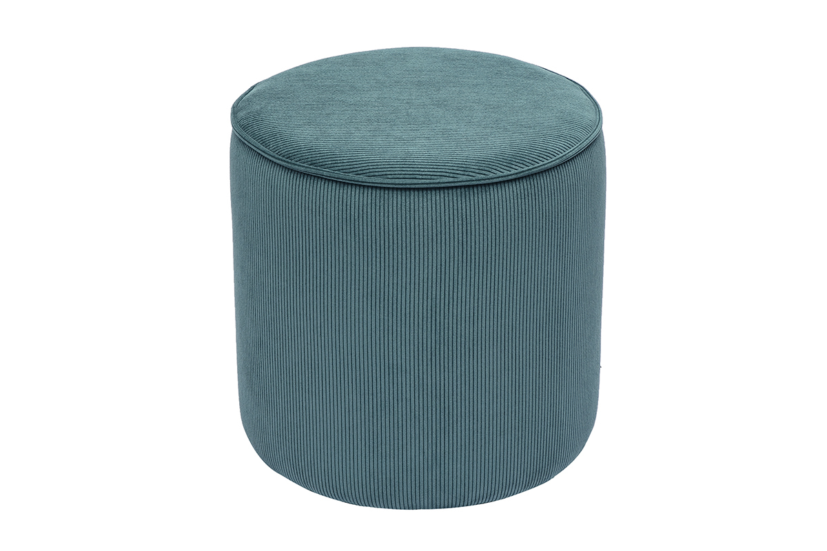 Pouf rond en velours c�tel� bleu canard D40 cm, vue de haut.