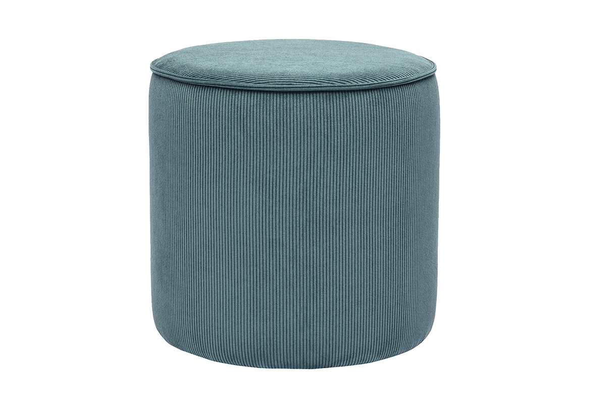 Pouf rond en velours c�tel� bleu canard, vue de face.