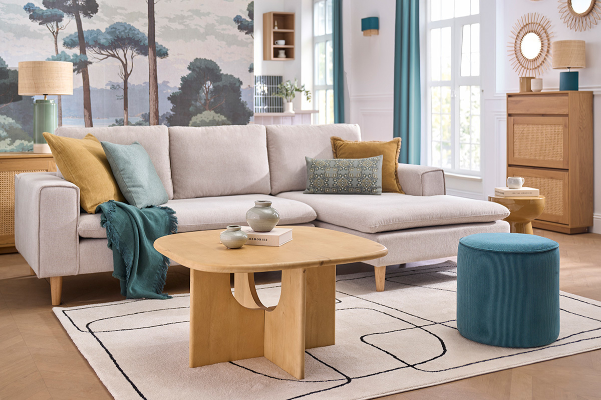 Pouf rond en tissu velours c�tel� bleu canard D40 cm PAUL