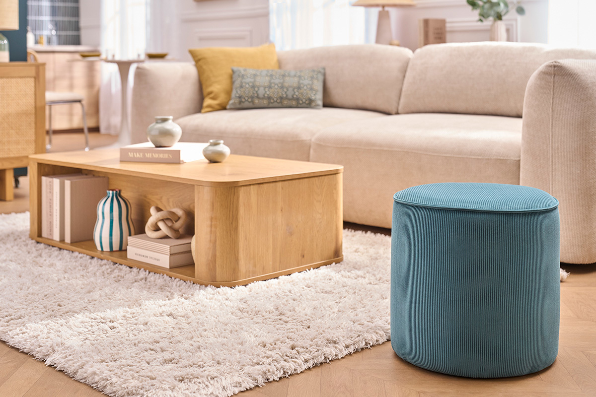 Pouf rond en tissu velours c�tel� bleu canard D40 cm PAUL