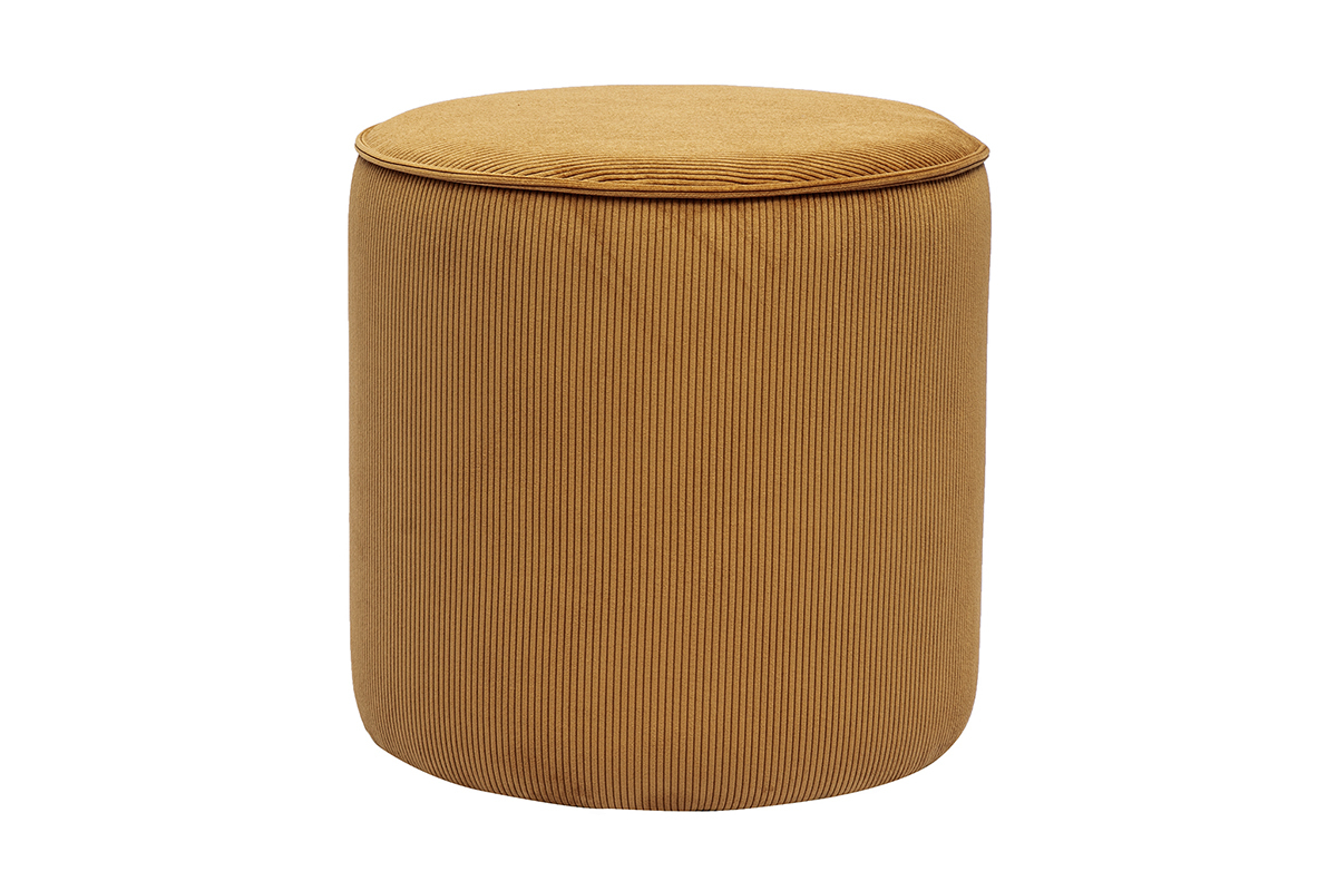 Pouf rond en velours c�tel� jaune curry, vue de face, D40 cm.