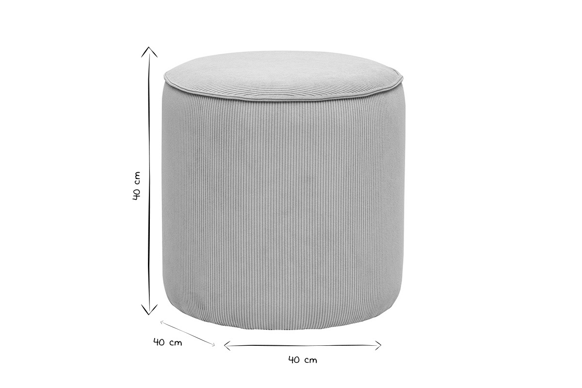 Pouf rond en velours c�tel� avec dimensions 40x40 cm en noir et blanc.