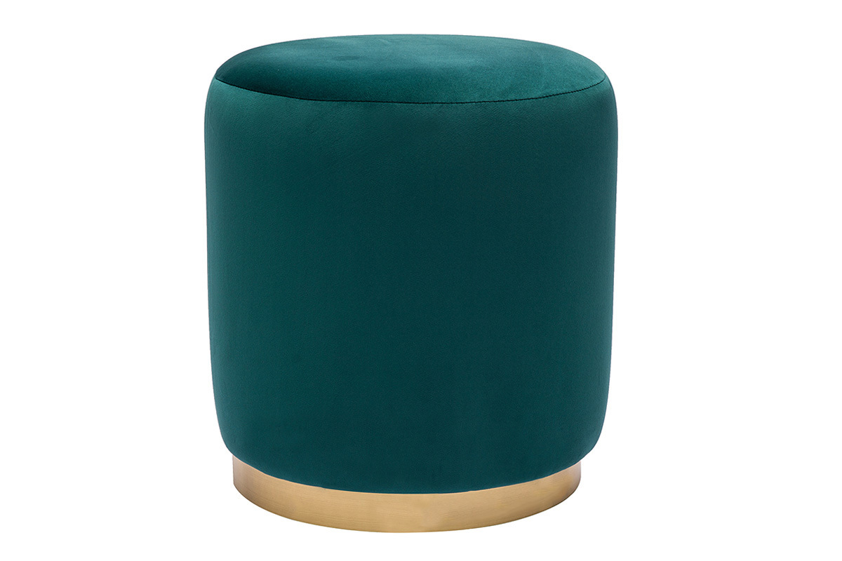 Pouf rond en velours bleu p�trole et m�tal dor� D40 cm AMAYA