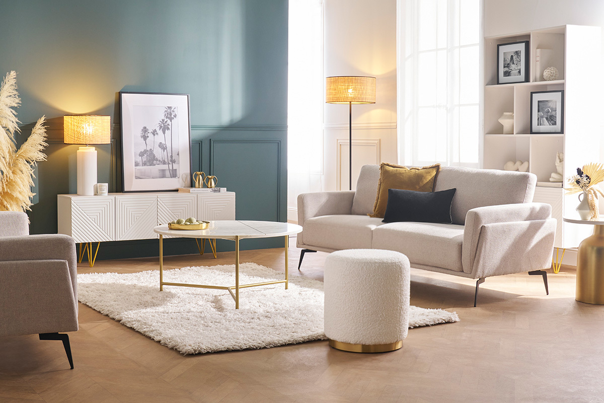Pouf rond en velours bleu p�trole et m�tal dor� D40 cm AMAYA