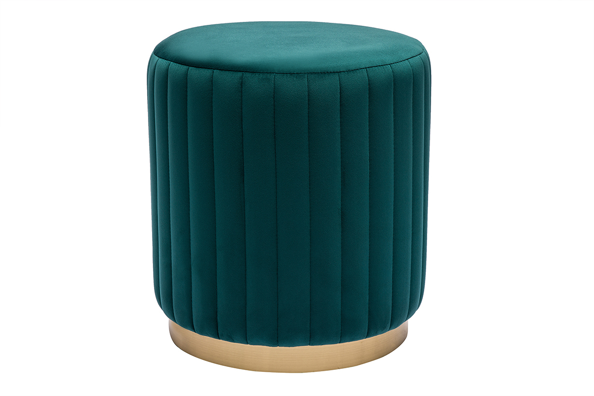 Pouf rond en velours bleu p�trole et m�tal dor� D40 cm DONA