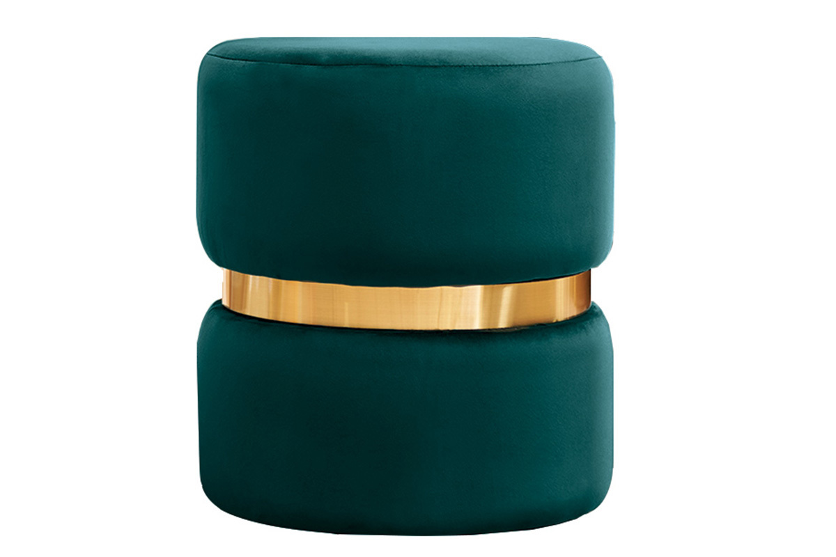 Pouf rond en velours bleu p�trole et m�tal dor� D40 cm JOY