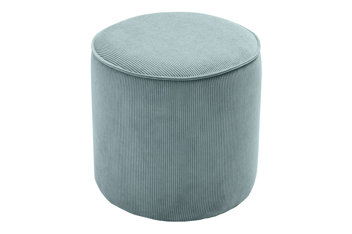 Pouf rond en velours c�tel� bleu, vue de dessus.