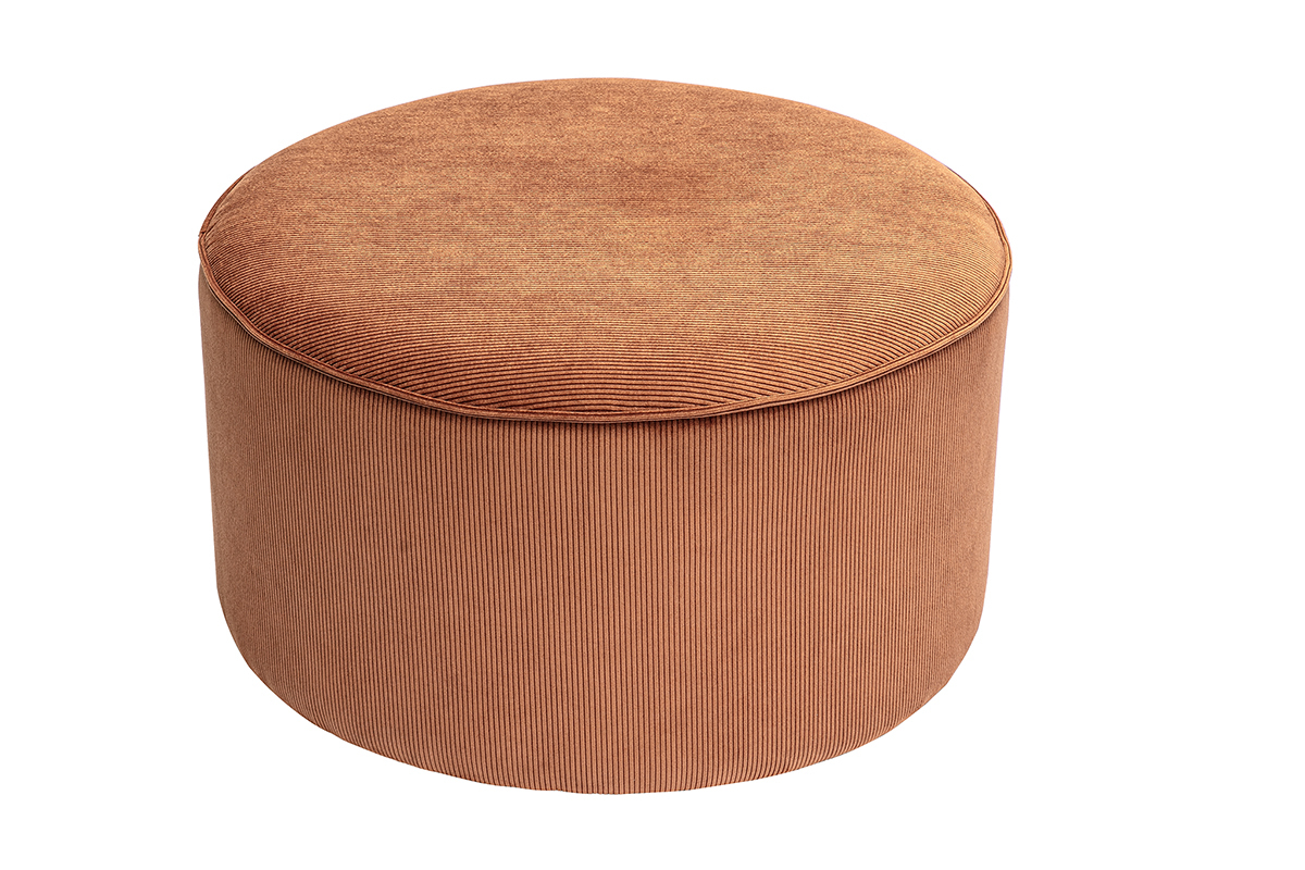 Pouf rond en velours c�tel� terre br�l�e, vue de haut.