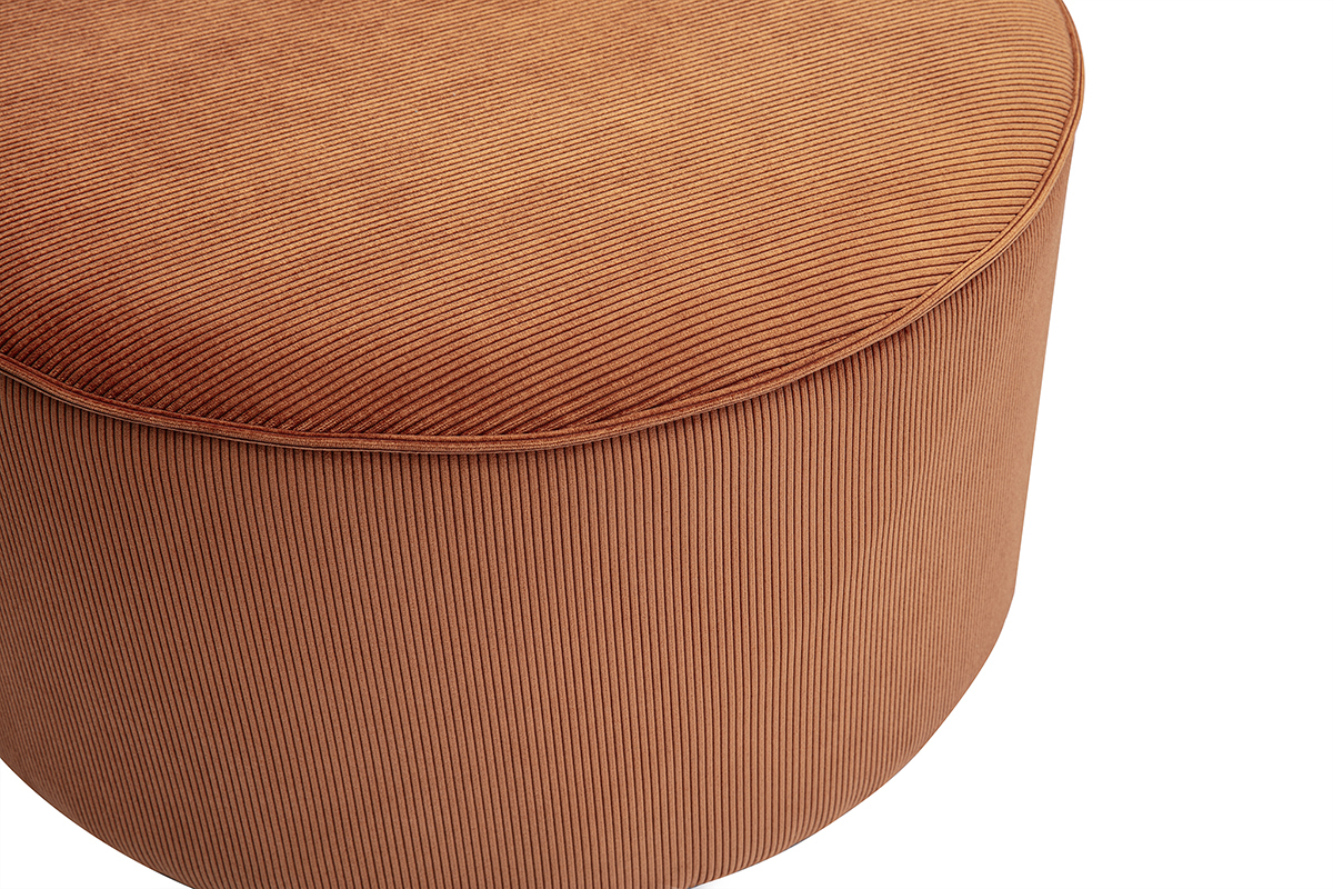 Pouf rond en velours c�tel� terre br�l�e, vue de c�t�.