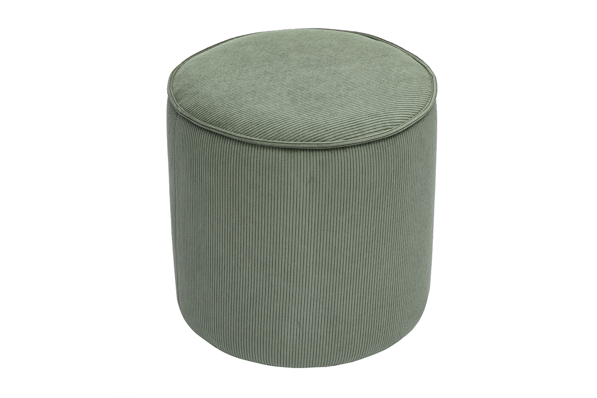 Pouf rond en velours c�tel� vert kaki de 40 cm de diam�tre, mod�le PAUL.