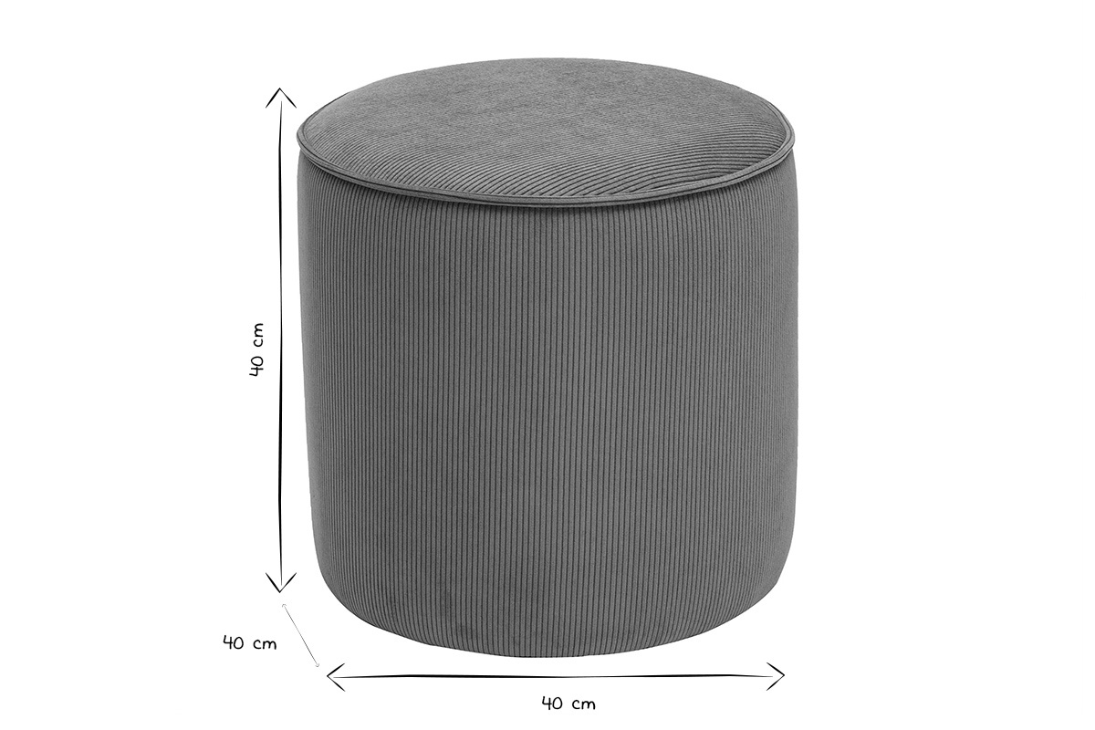 Pouf rond en velours c�tel� vert kaki, diam�tre 40 cm