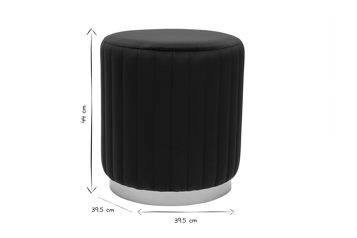 Dimensions du pouf rond en velours noir et m�tal dor�, hauteur 44 cm, diam�tre 39,5 cm, en noir et blanc.