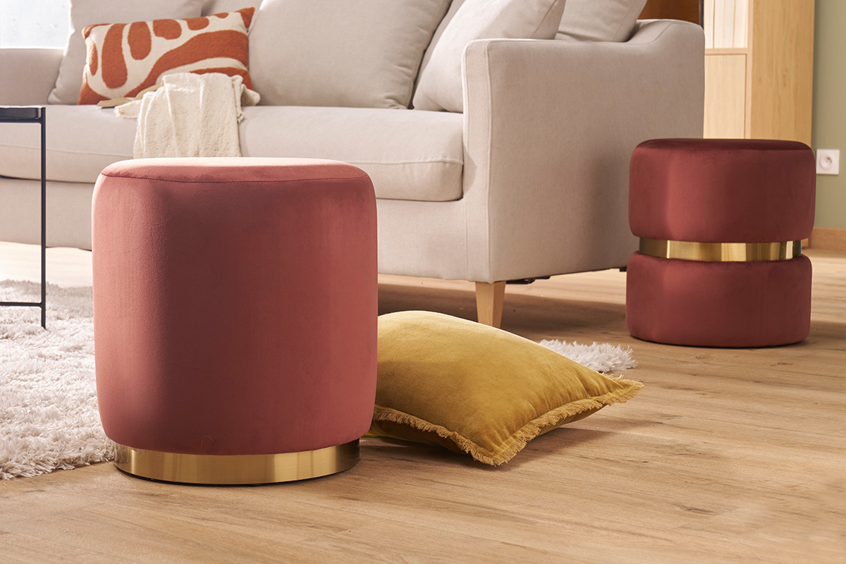 Pouf rond en velours rouge tomette et m�tal dor� D40 cm AMAYA