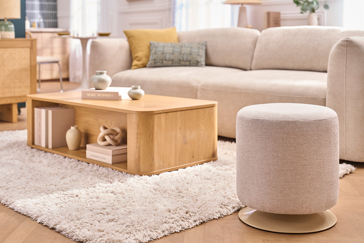 Pouf rond pivotant en tissu effet velours textur� terre br�l�e et m�tal D39.5 cm VOLNAY