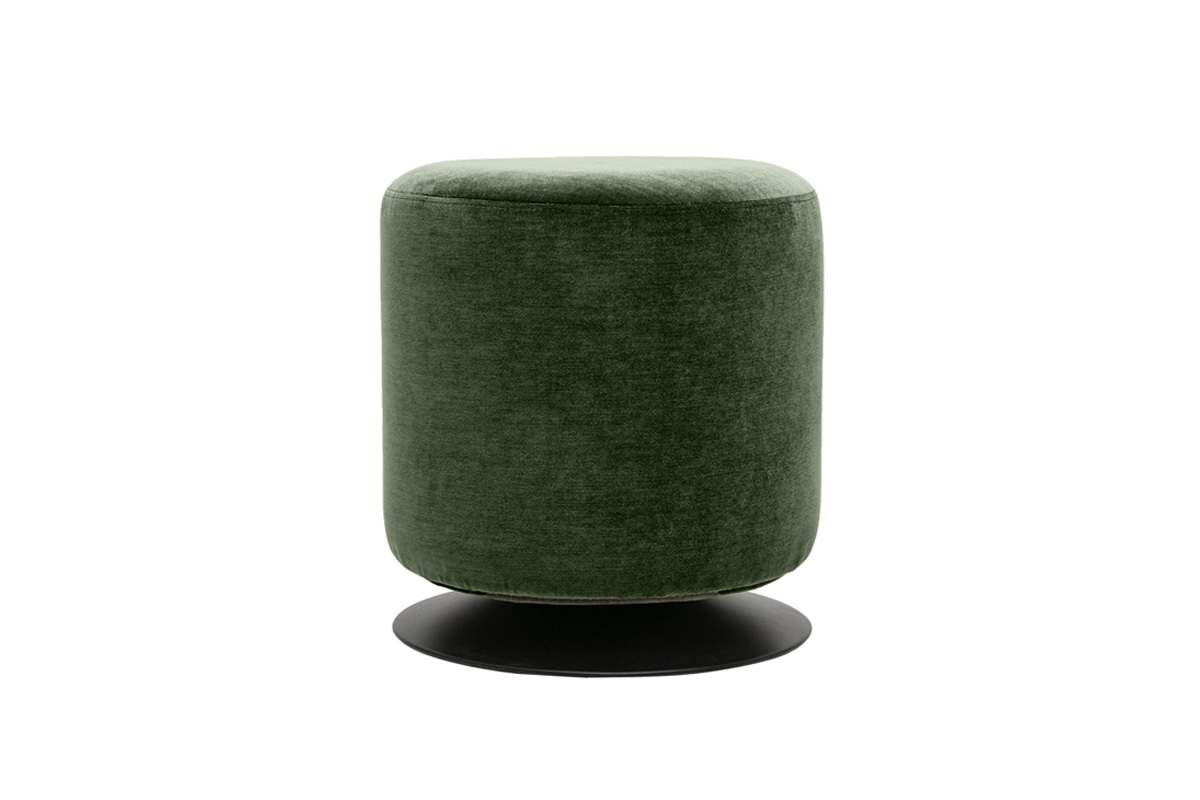 Pouf rond pivotant en tissu effet velours vert kaki, format D39.5 cm, vue de face
