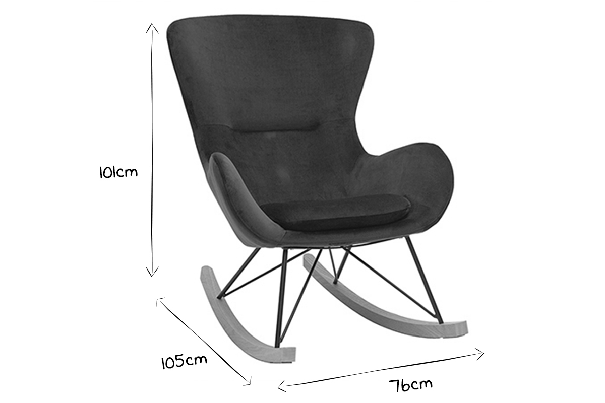 Rocking chair design en tissu velours bleu canard, m�tal noir et bois clair ESKUA