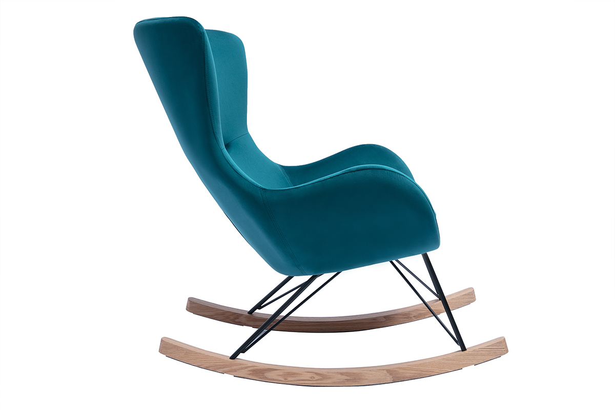 Rocking chair design en tissu velours bleu canard, m�tal noir et bois clair ESKUA