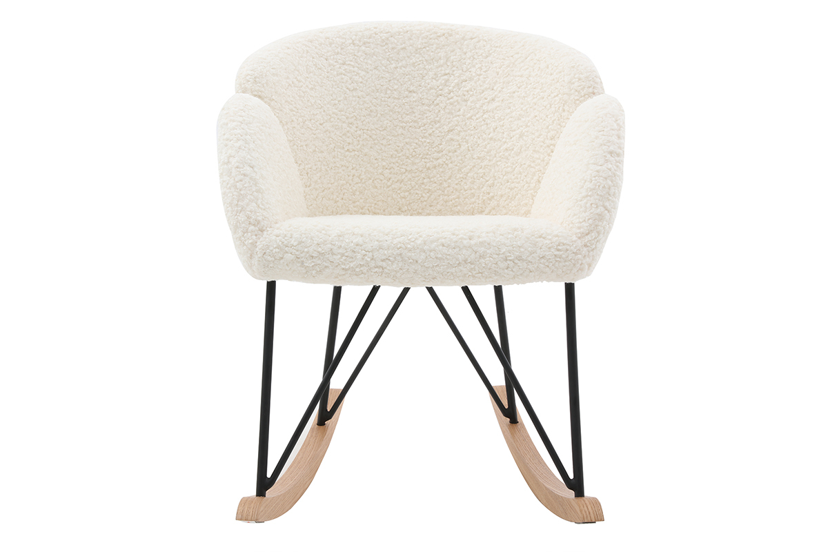Rocking chair en tissu effet peau de mouton blanc, m�tal noir et bois clair RHAPSODY