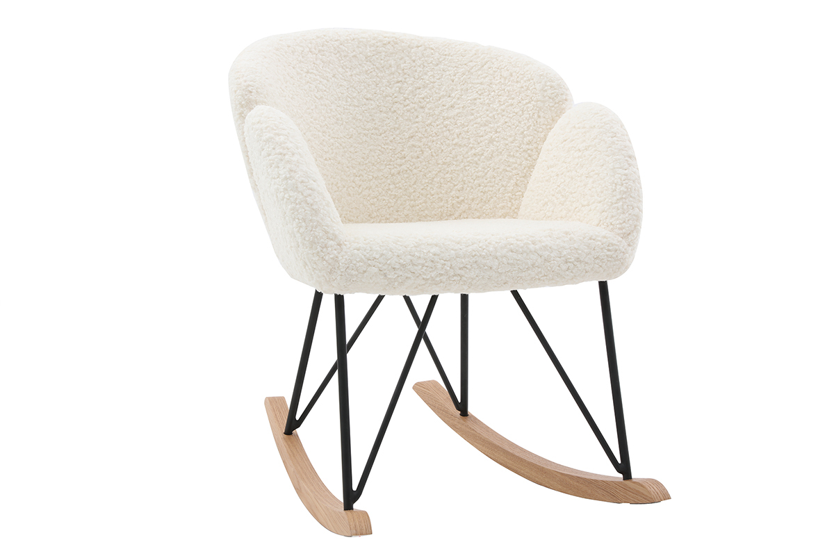 Rocking chair en tissu effet peau de mouton blanc, m�tal noir et bois clair RHAPSODY
