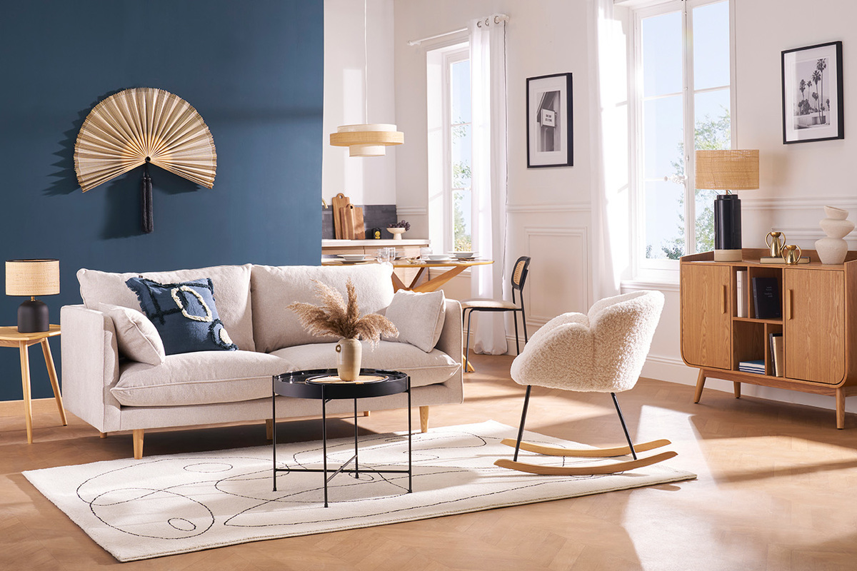 Rocking chair en tissu effet peau de mouton blanc, m�tal noir et bois clair RHAPSODY