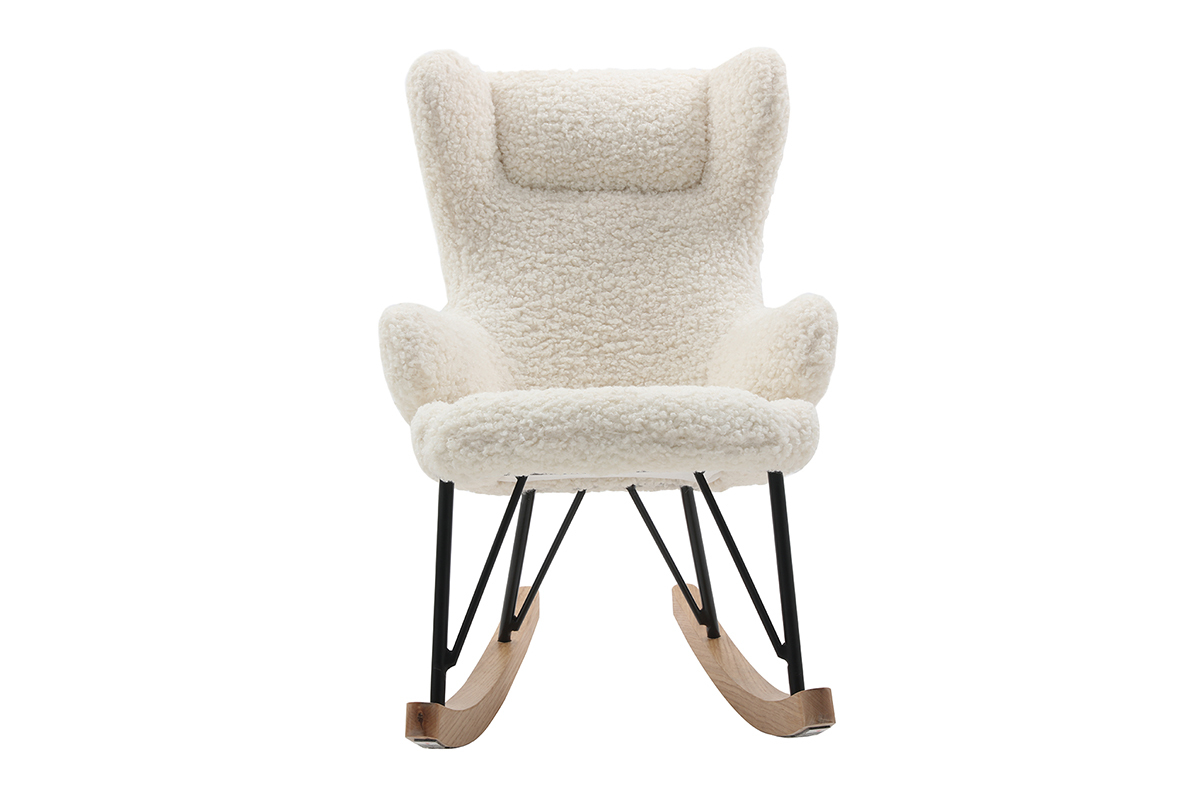 Rocking chair enfant en tissu effet peau de mouton blanc, m�tal noir et bois clair SHAUN