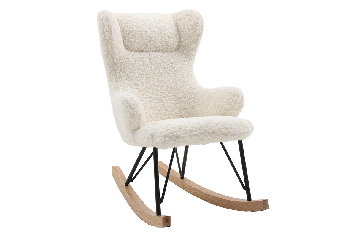 Rocking chair enfant en tissu effet peau de mouton blanc, m�tal noir et bois clair SHAUN