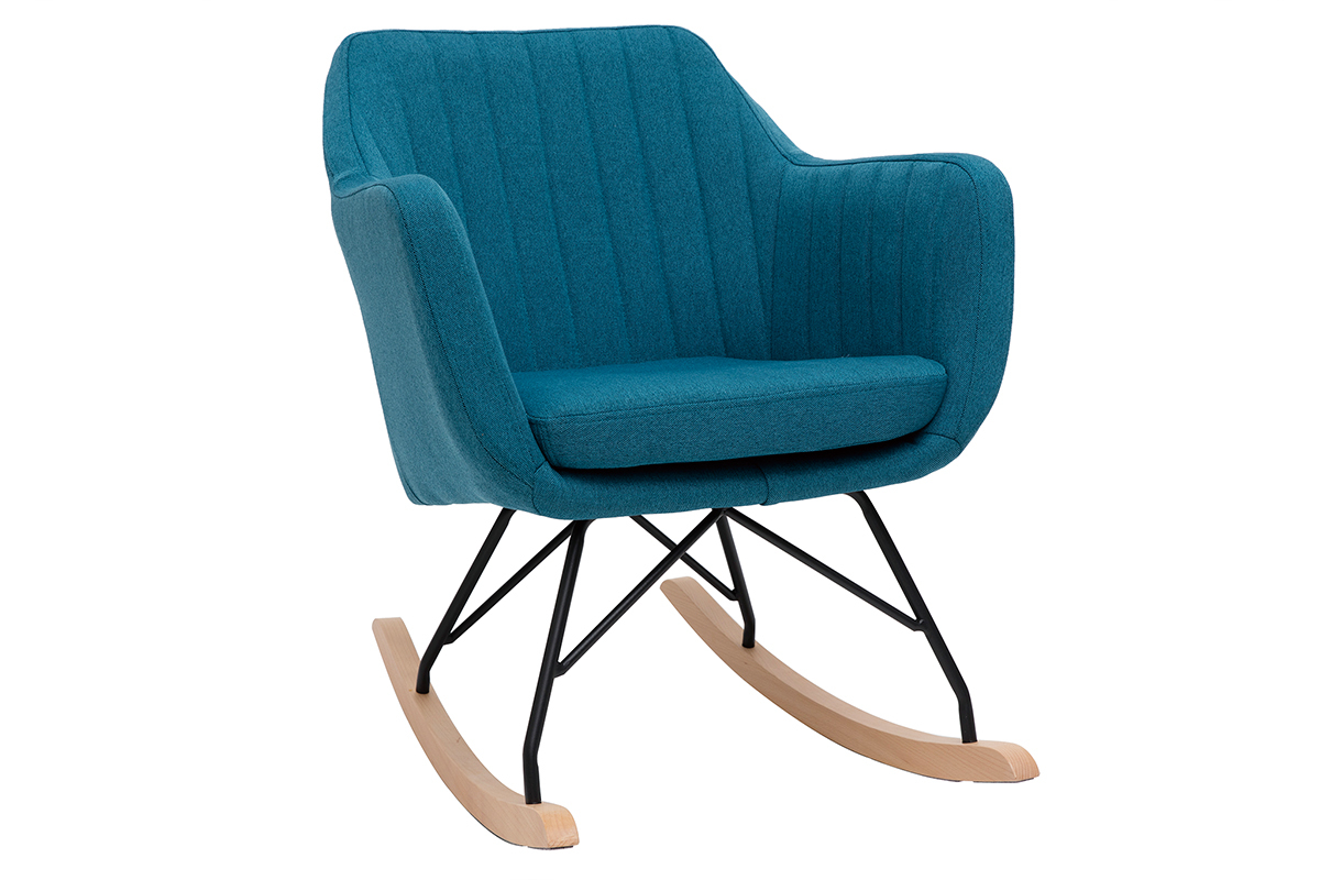 Rocking chair scandinave en tissu bleu canard, m�tal noir et bois clair ALEYNA