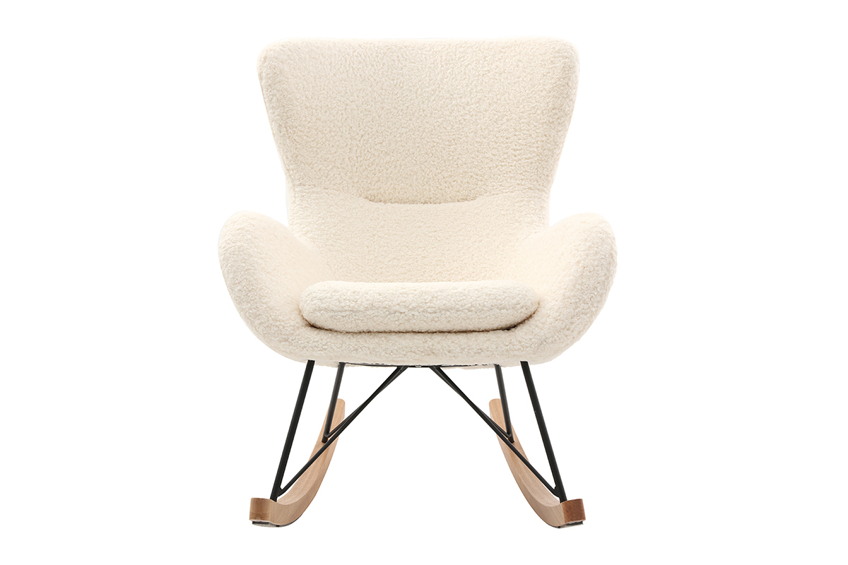 Rocking chair scandinave en tissu effet peau de mouton blanc, m�tal noir et bois clair  ESKUA