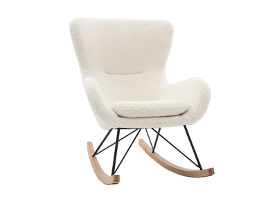 Rocking chair scandinave en tissu effet peau de mouton blanc, m&eacute;tal noir et bois clair  ESKUA
