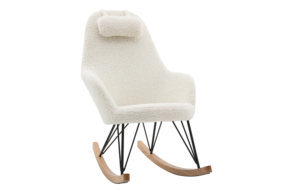 Fauteuil � bascule scandinave JHENE en tissu effet peau de mouton blanc, pi�tement en m�tal noir et bois clair