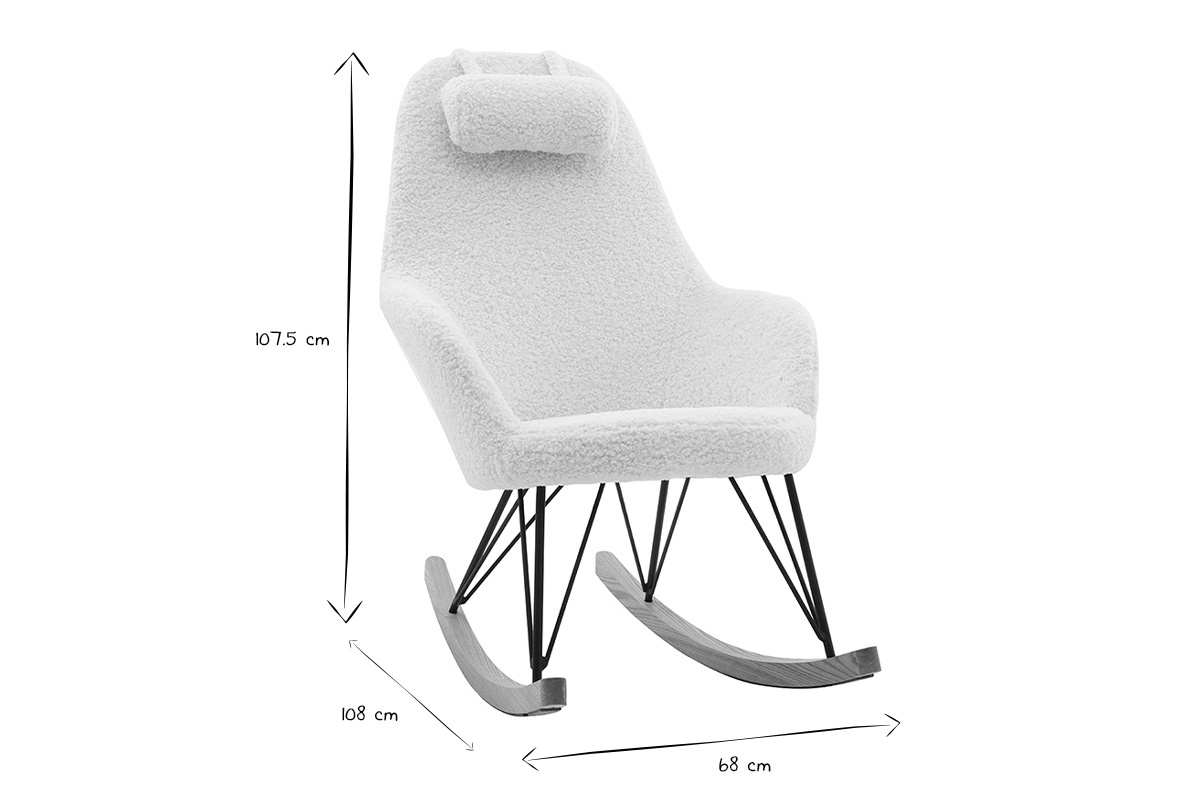 Dimensions du fauteuil � bascule JHENE : 107,5 cm de haut, 108 cm de long, 68 cm de large en noir et blanc.