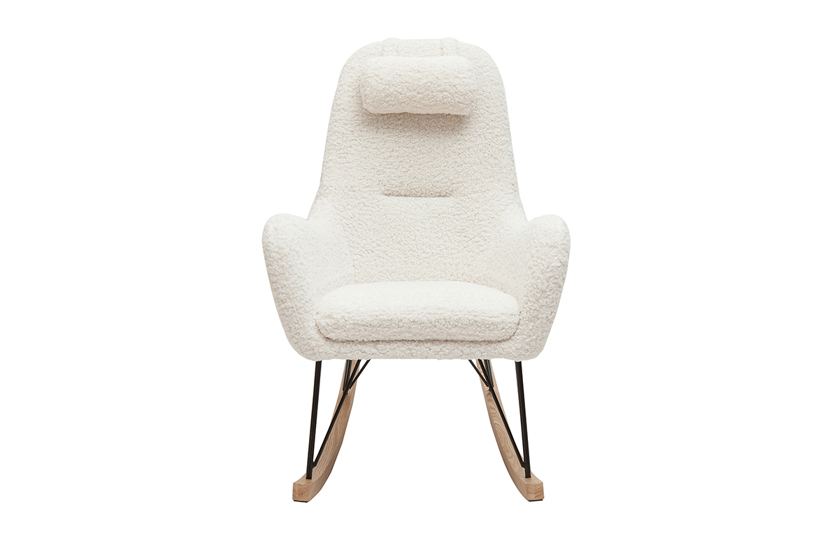 Rocking chair scandinave en tissu effet peau de mouton blanc, m�tal noir et bois clair MANIA