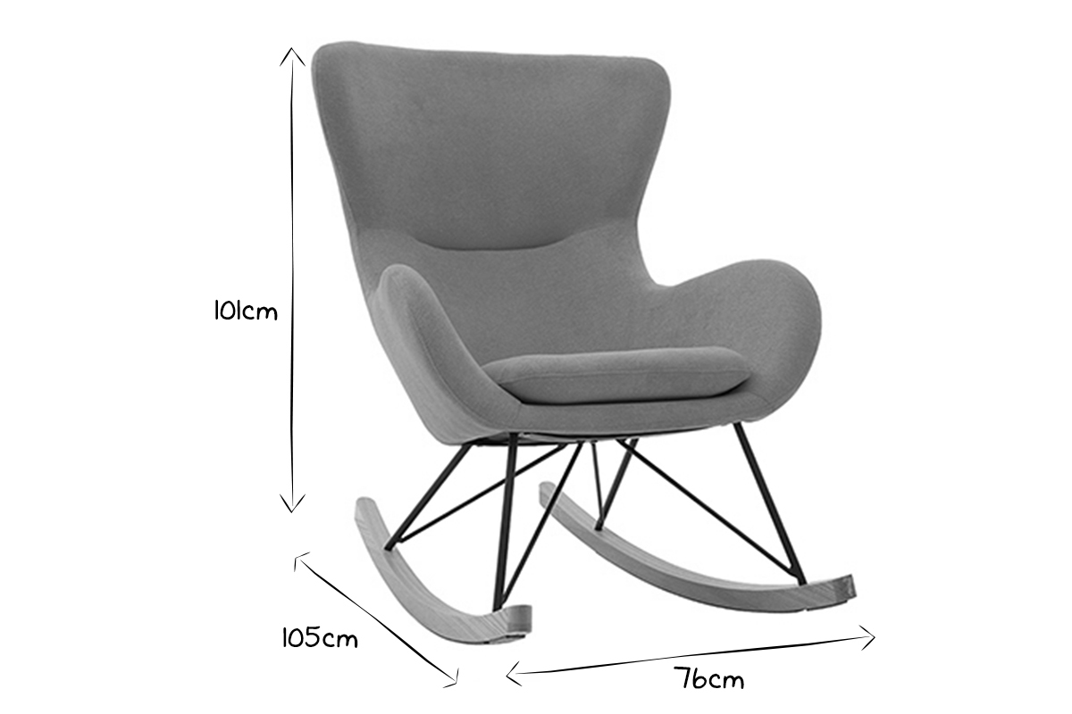Dimensions en noir et blanc du rocking chair ESKUA : L76 x P105 x H101 cm.