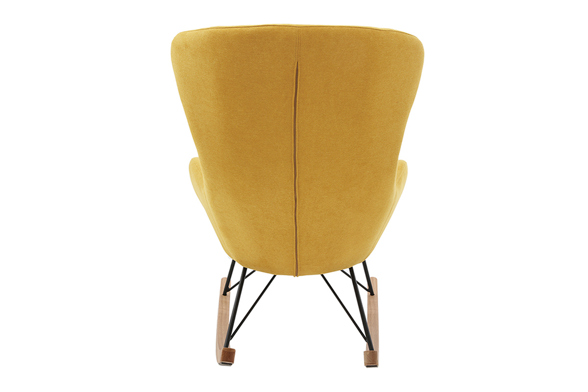 Rocking chair scandinave en tissu jaune moutarde, vue de dos, avec base en m�tal noir et bois clair.