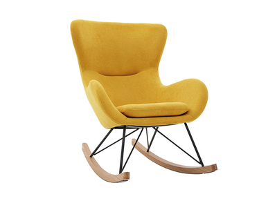 Rocking chair scandinave en tissu effet velours jaune moutarde, m&eacute;tal noir et bois clair ESKUA