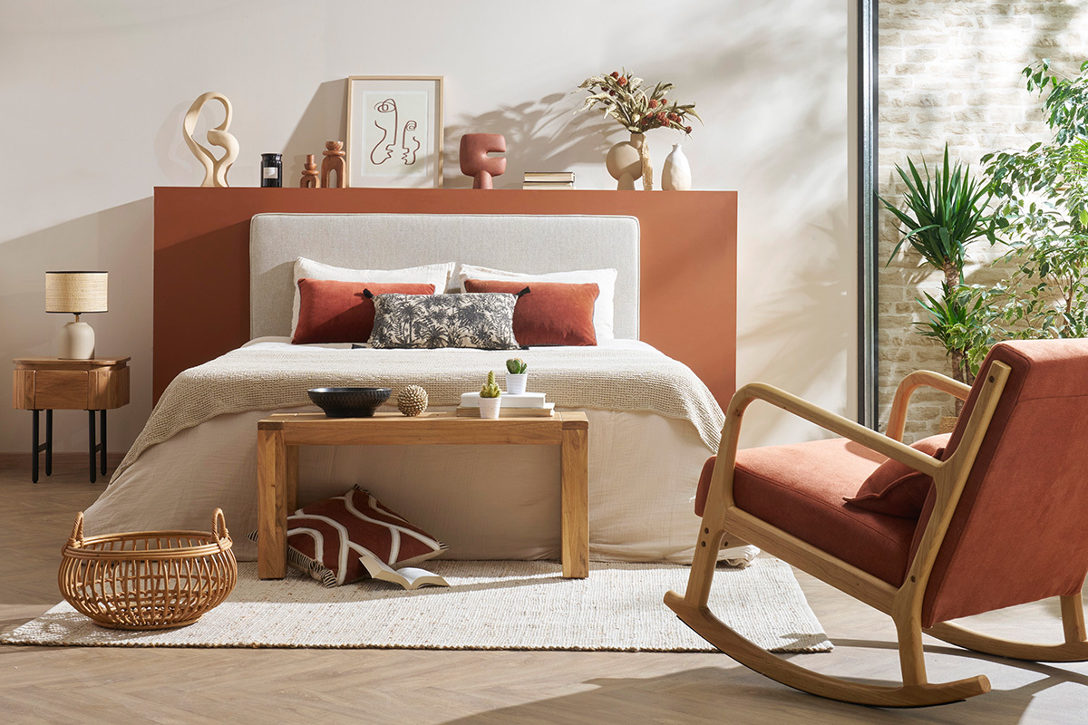 Rocking chair scandinave en tissu effet velours terre br�l�e et bois clair massif DERRY