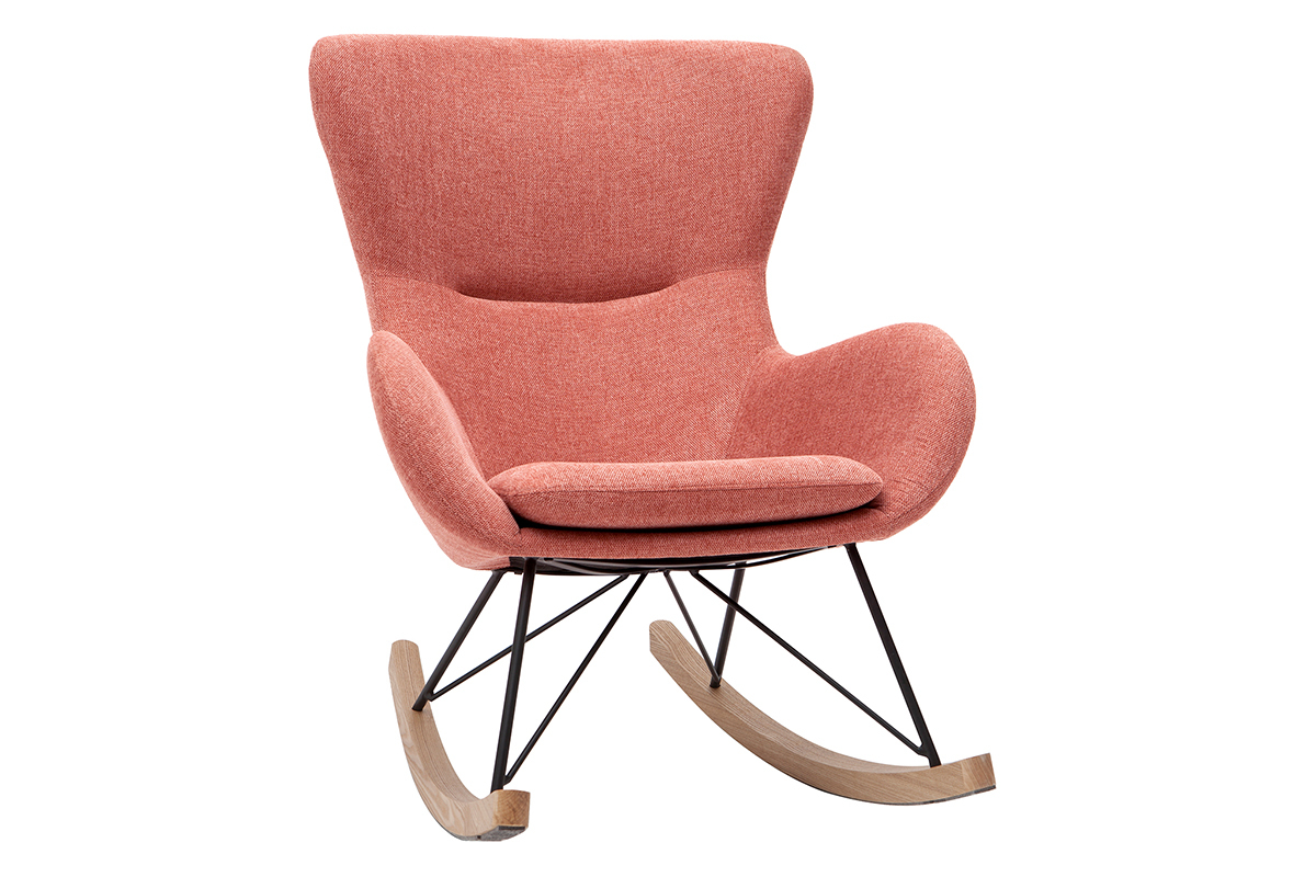 Rocking chair scandinave en tissu effet velours textur� terracotta, m�tal noir et bois clair ESKUA
